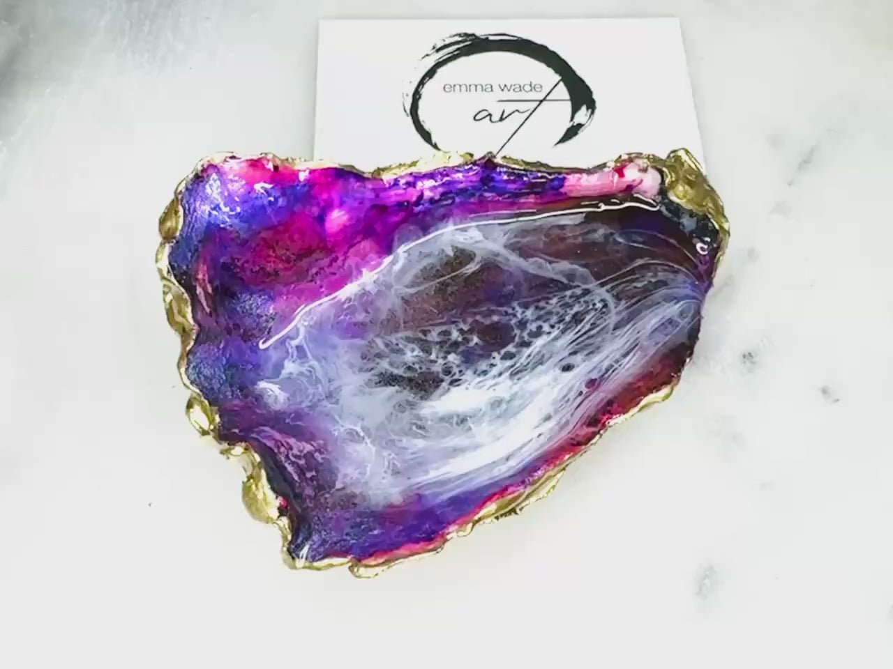 Hand-Painted Ocean Themed Oyster Shell Trinket Dish: Purple Ocean Waves Ring Tray, Gold Leaf Coastal gift