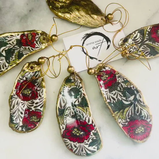 William Morris Red Peony Oyster Shell Hanging Ornaments | Gold Leaf Coastal Decor | Botanical Christmas Gift