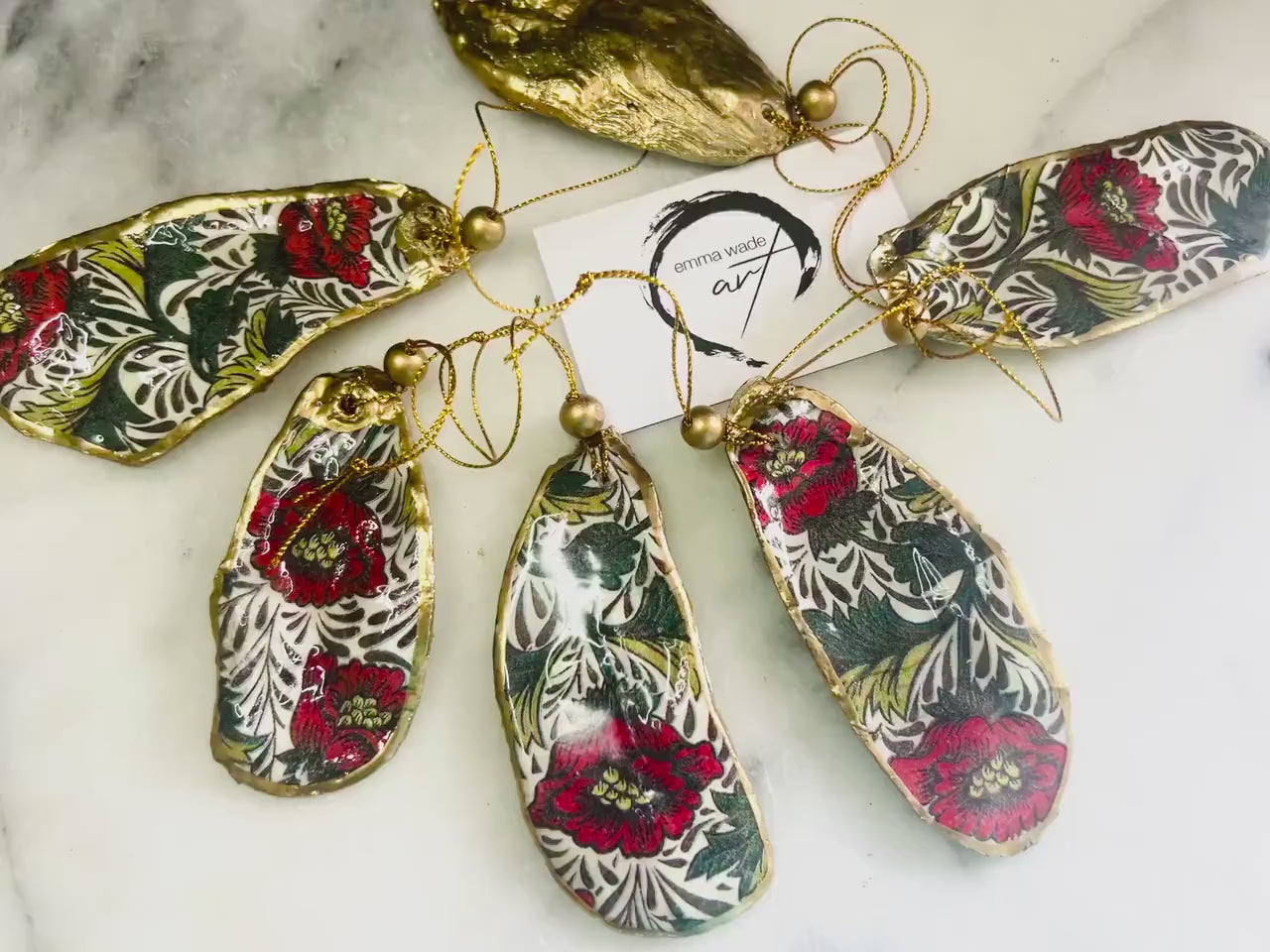 William Morris Red Peony Oyster Shell Hanging Ornaments | Gold Leaf Coastal Decor | Botanical Christmas Gift