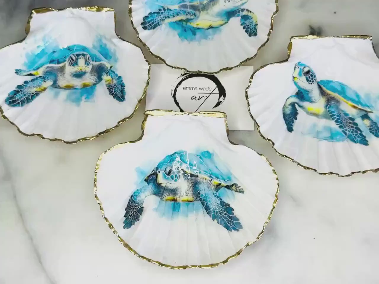 Blue Illustrated Sea Turtle Scallop Shell Trinket Dish | Gilded Gold Leaf Coastal Decor | Handmade Jewellery Ring Dish | Nautical Home Gift