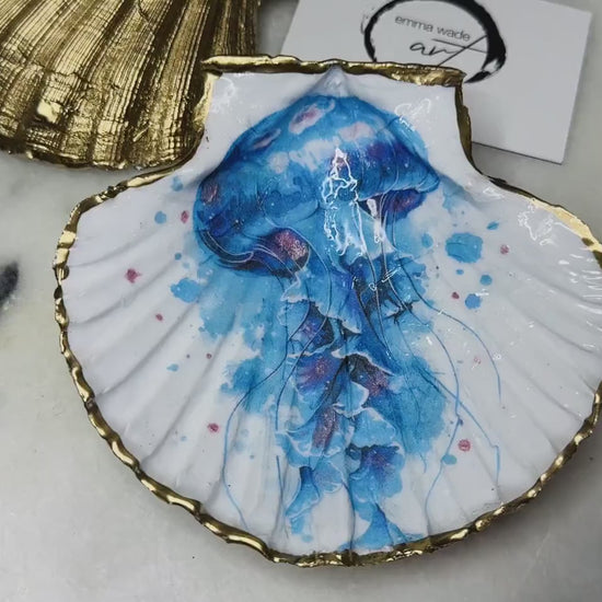 Hand Illustrated Blue Jellyfish Scallop Trinket Dish: Coastal Watercolor Dish | Blue Ocean Ring Holder | Gilded Gold Leaf Sealed with Resin