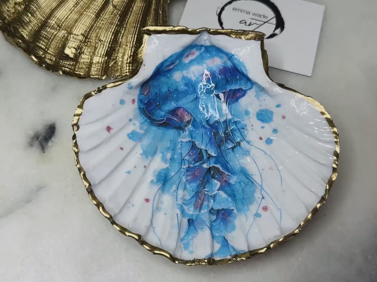 Hand Illustrated Blue Jellyfish Scallop Trinket Dish: Coastal Watercolor Dish | Blue Ocean Ring Holder | Gilded Gold Leaf Sealed with Resin