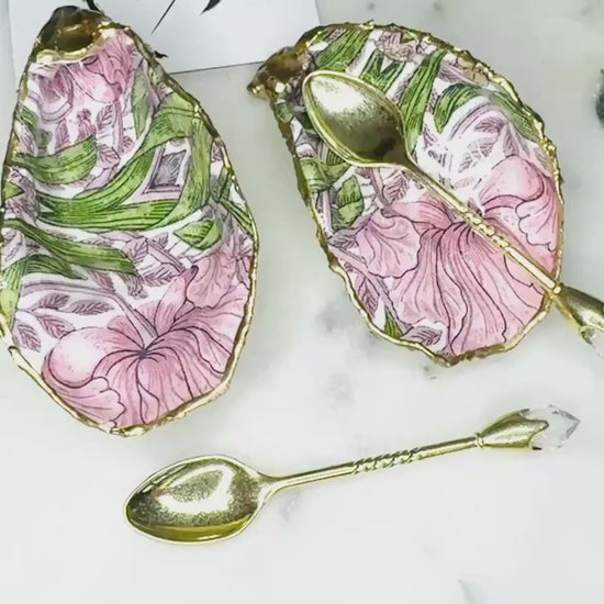 Pair of William Morris Pink Pimpernel Oyster Salt & Pepper Pinch Pots: Shell Floral Cruet Set, add on Gold Spoons, Handmade Salt Cows