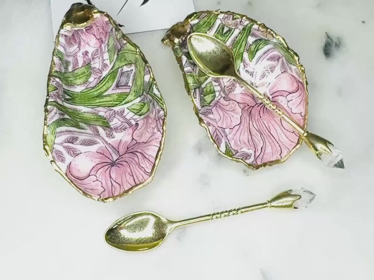 Pair of William Morris Pink Pimpernel Oyster Salt & Pepper Pinch Pots: Shell Floral Cruet Set, add on Gold Spoons, Handmade Salt Cows