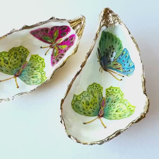 Blue Green Pink Butterfly Oyster Shell Trinket Dish : Gilded Gold Leaf Ring Holder, Coastal Jewellery Dish, Handmade Dorset Gift