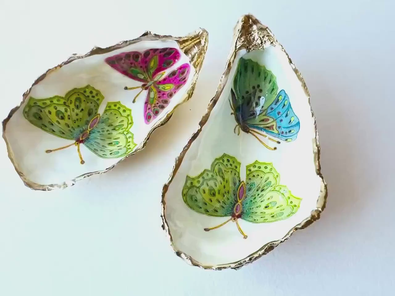 Blue Green Pink Butterfly Oyster Shell Trinket Dish : Gilded Gold Leaf Ring Holder, Coastal Jewellery Dish, Handmade Dorset Gift