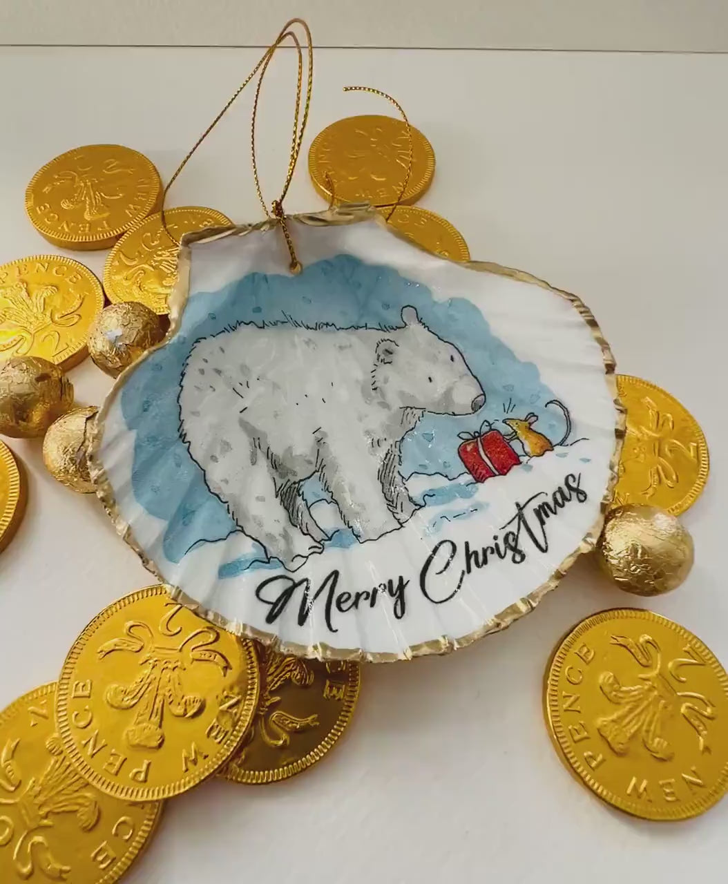 Christmas Bear Ornament: Dorset Shell Trinket Dish, Hanging Decoration