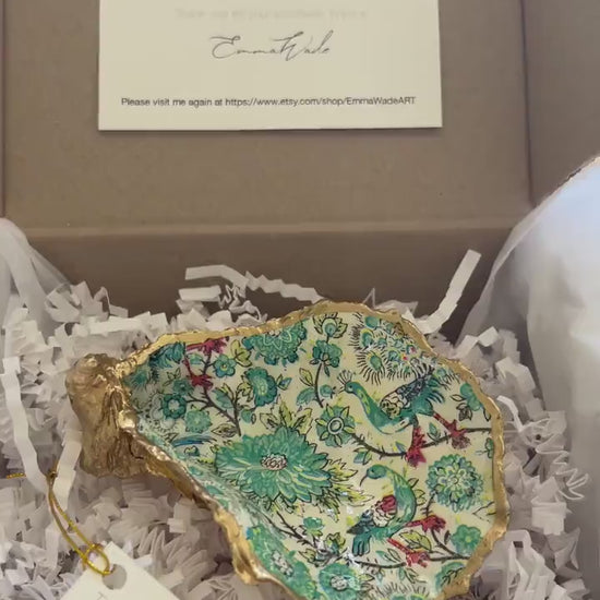 Hand Gilded Peacock Oyster Shell Trinket Dish: Dorset Coastal Decor, Dorset Shell Ring Holder, Bird lover gift