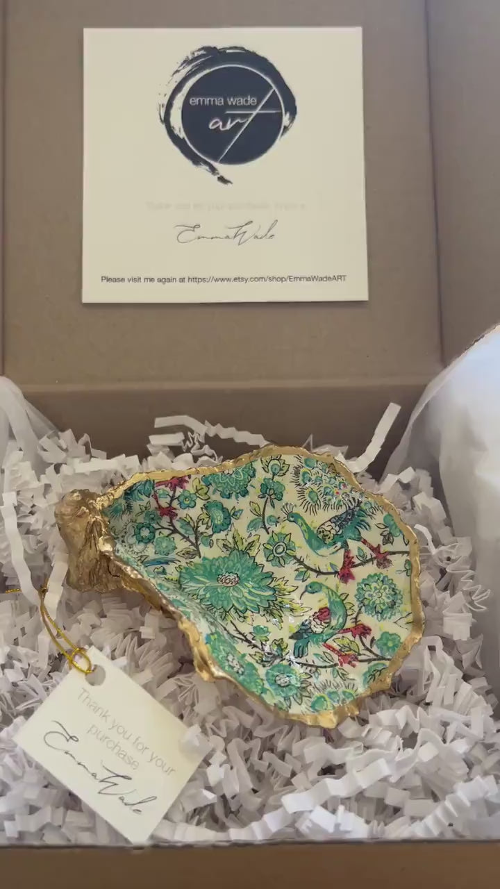 Hand Gilded Peacock Oyster Shell Trinket Dish: Dorset Coastal Decor, Dorset Shell Ring Holder, Bird lover gift