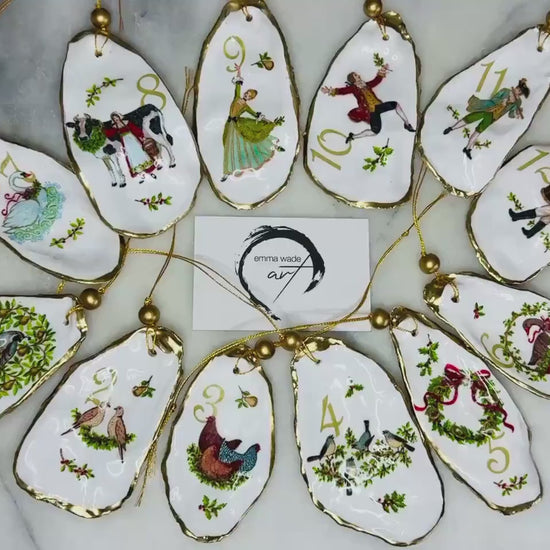 Twelve Days of Christmas Dorset Oyster Ornament Set | Gold Leaf Shell Hanging Decorations | Coastal Shell Decor | Christmas Heirloom Gift
