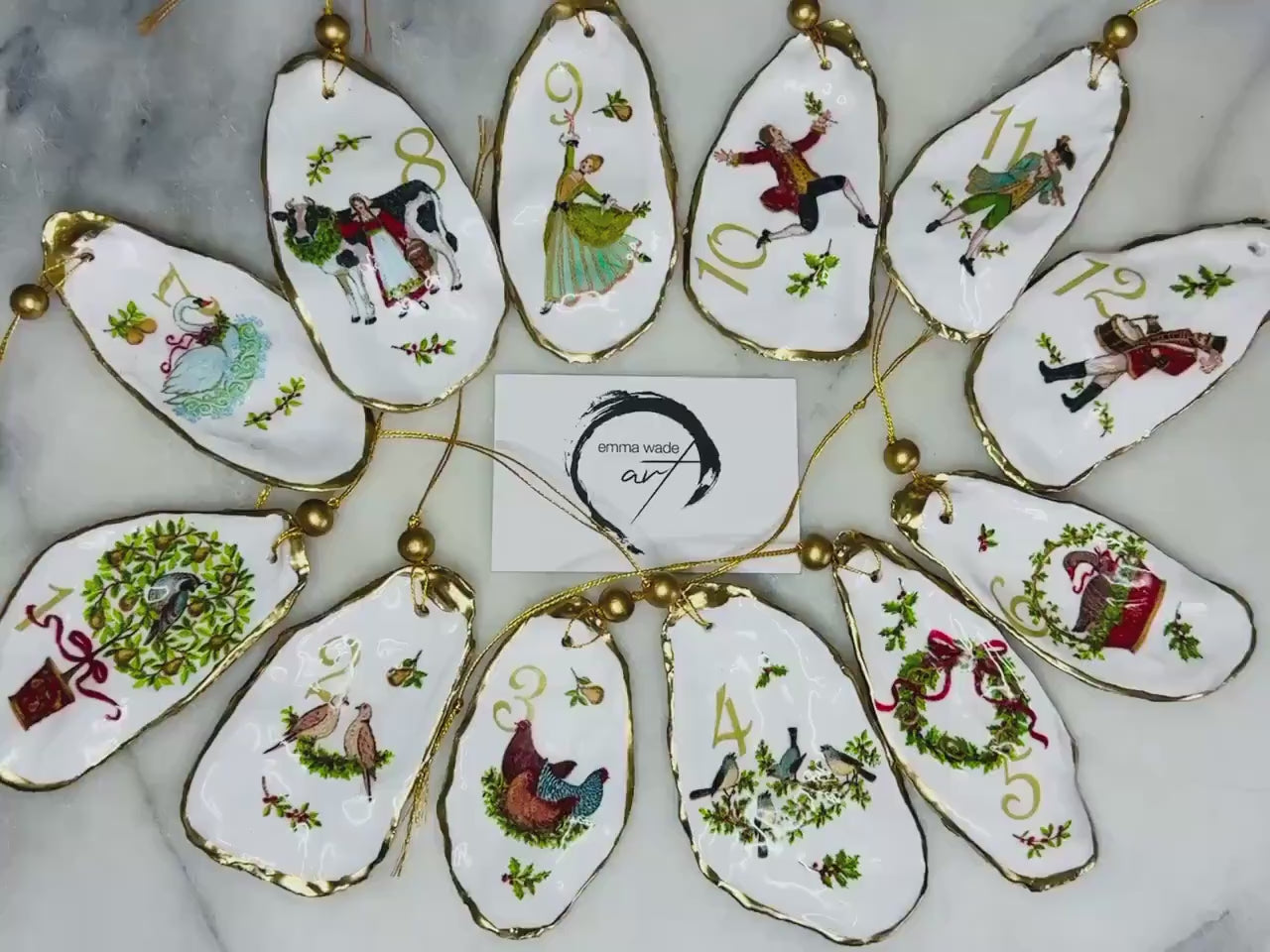 Twelve Days of Christmas Dorset Oyster Ornament Set | Gold Leaf Shell Hanging Decorations | Coastal Shell Decor | Christmas Heirloom Gift