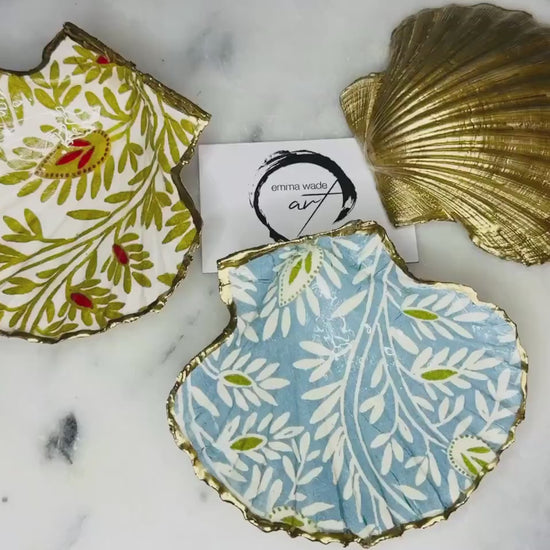 Samsara Gold Leaf Scallop Shell Trinket Dish: Gold Blue Coastal Jewellery Holder