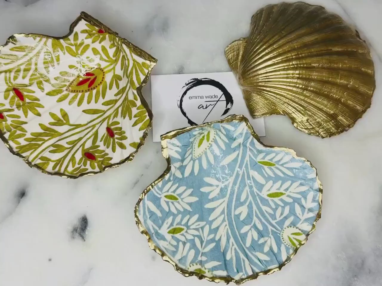 Samsara Gold Leaf Scallop Shell Trinket Dish: Gold Blue Coastal Jewellery Holder