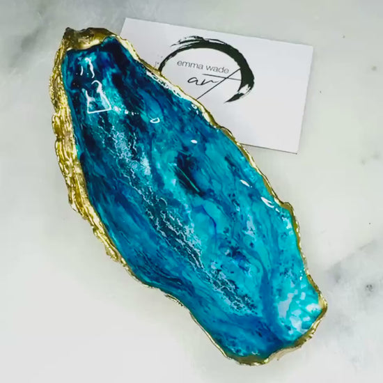 Hand-Painted Ocean Themed Oyster Shell Trinket Dish: Blue Ocean Waves Ring Tray, Gold Leaf Coastal gift, Host Gift