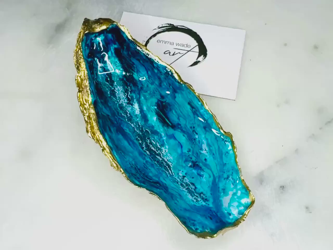 Hand-Painted Ocean Themed Oyster Shell Trinket Dish: Blue Ocean Waves Ring Tray, Gold Leaf Coastal gift, Host Gift