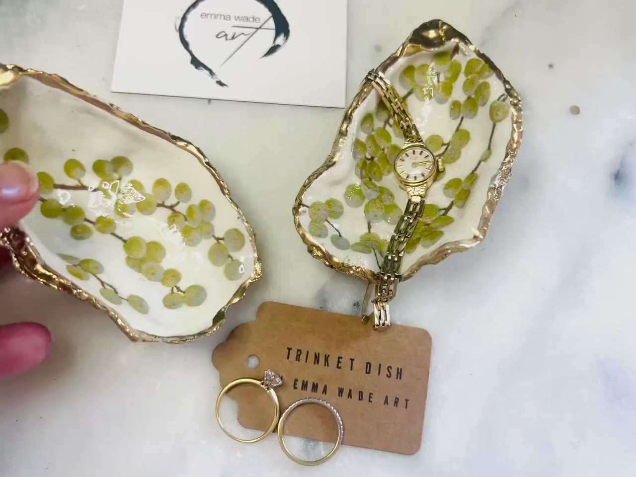 White Berries Dorset Oyster Ring Shell Dish: Gold Gilded Shell Jewelry Tray, Coastal Decor, Host gift