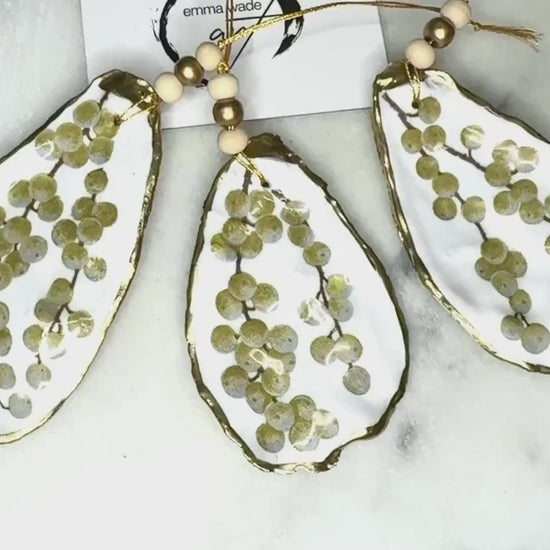Gold Berries Oyster Shell Hanging Ornament Set: Gilded Gold Leaf Coastal Decor, Host Gift, available individually or as a set