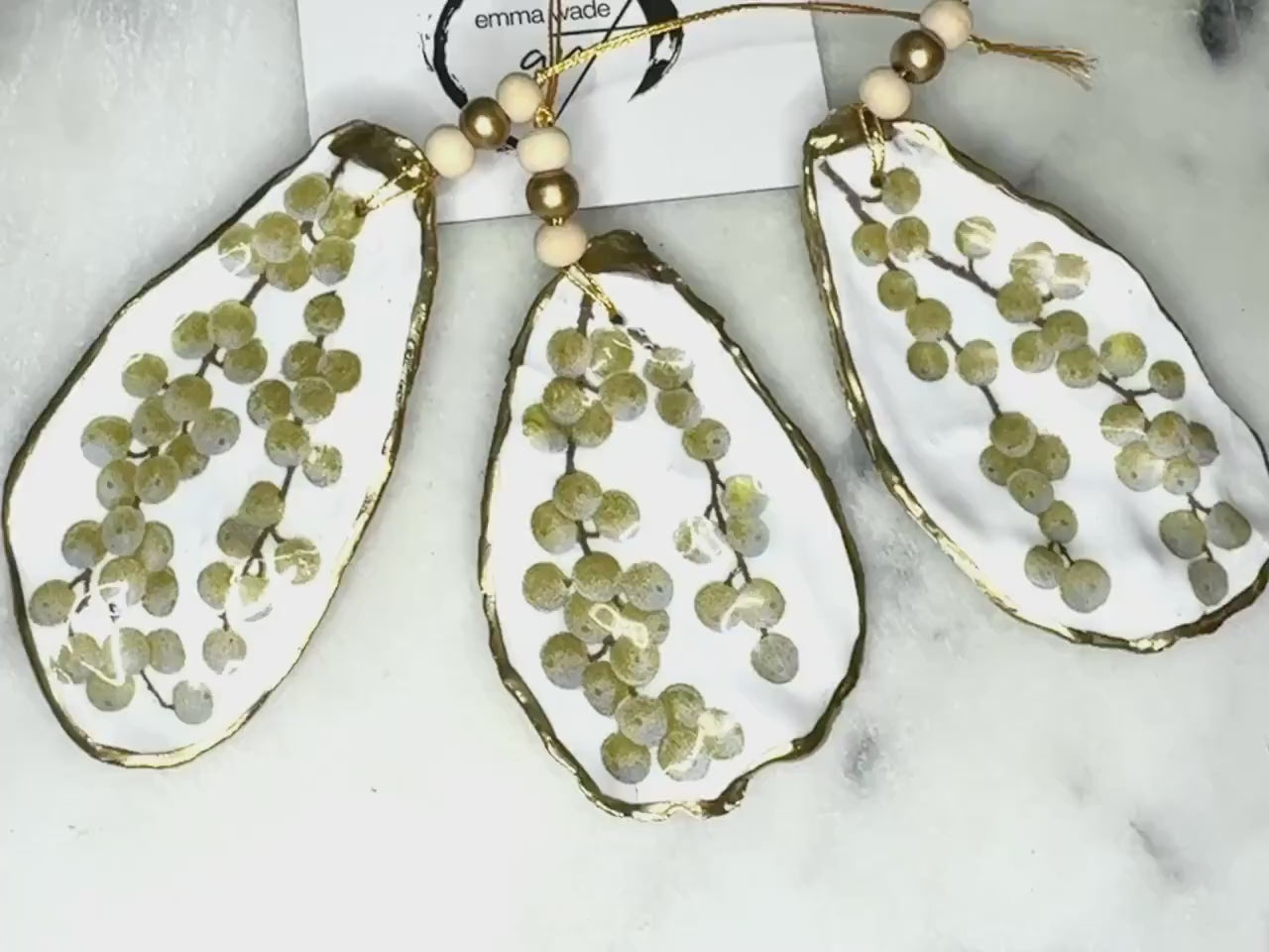 Gold Berries Oyster Shell Hanging Ornament Set: Gilded Gold Leaf Coastal Decor, Host Gift, available individually or as a set