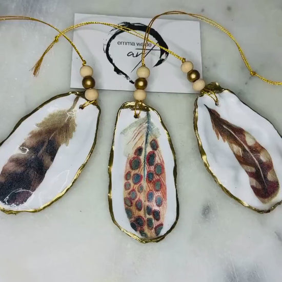 Feather Design Natural Oyster Shell Hanging Ornament: Gold Leaf Shell ornament, Luxury Coastal Gift, available individually or as set