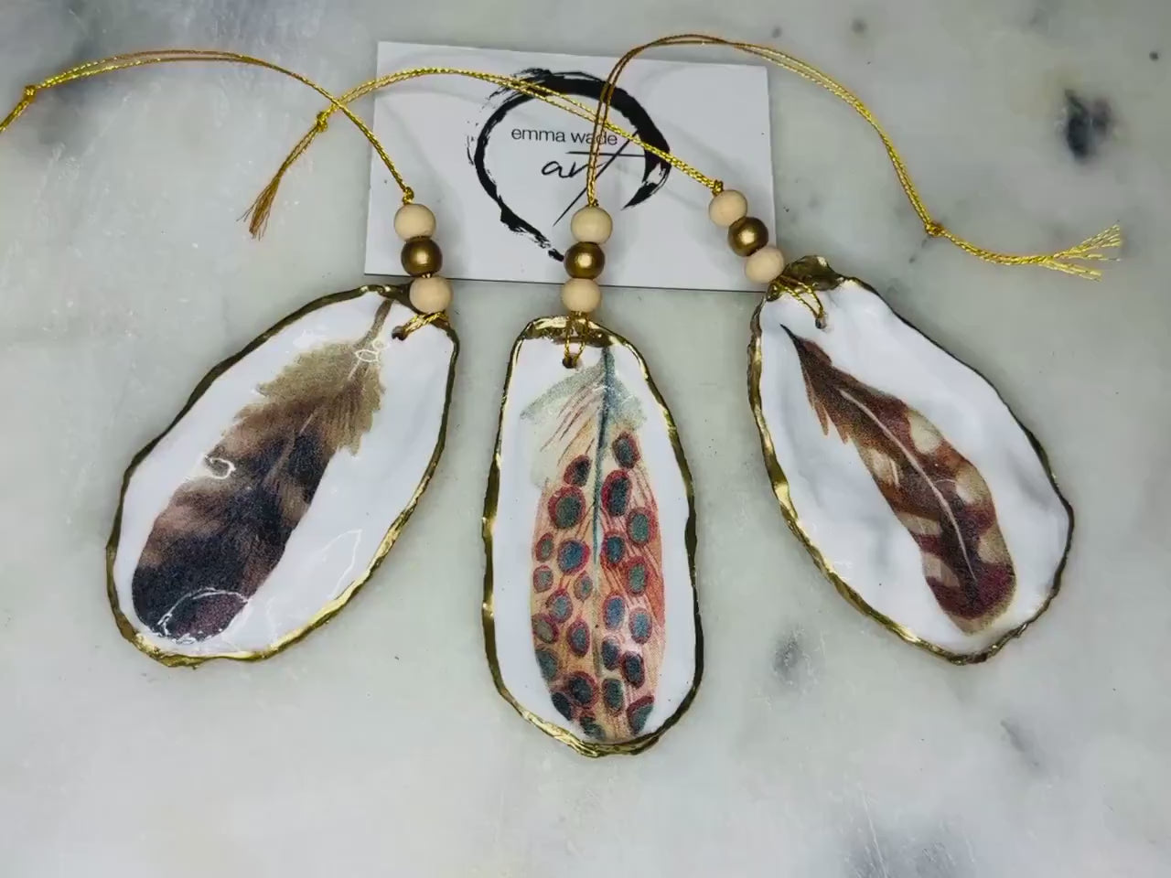 Feather Design Natural Oyster Shell Hanging Ornament: Gold Leaf Shell ornament, Luxury Coastal Gift, available individually or as set