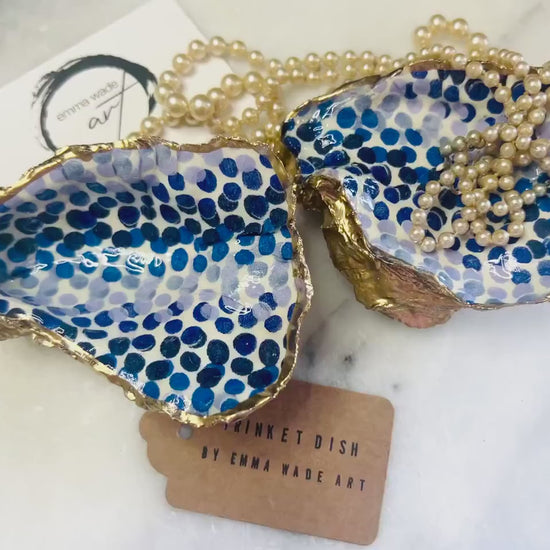 Blue Dots Oyster Shell Trinket Dish, Gold Gilded Jewellery Tray, Handmade Coastal Decor Gift