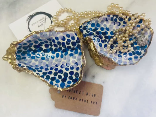 Blue Dots Oyster Shell Trinket Dish, Gold Gilded Jewellery Tray, Handmade Coastal Decor Gift