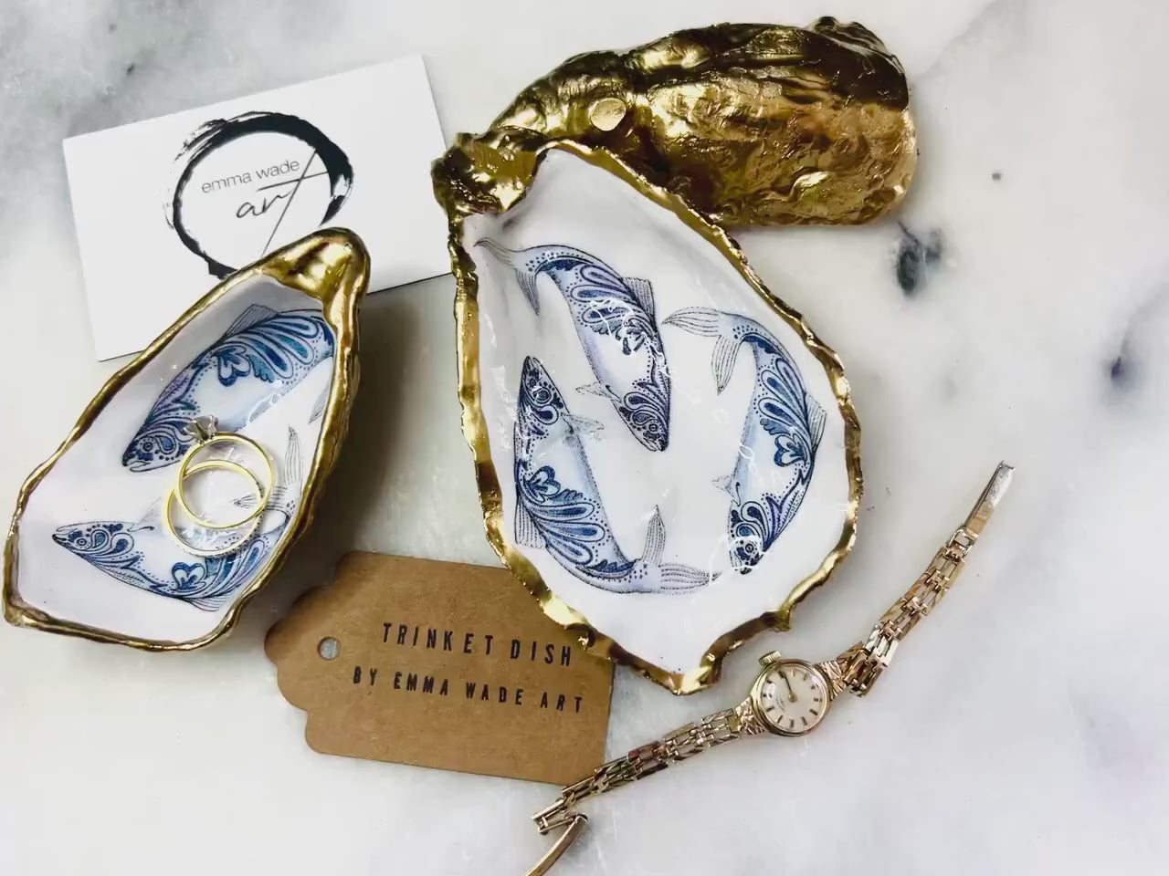 Blue Paisley Fish Oyster Shell Trinket Dish – Gold Leaf Coastal Jewellery Holder, Handmade Dorset Shell Dish, Ring Holder Gift