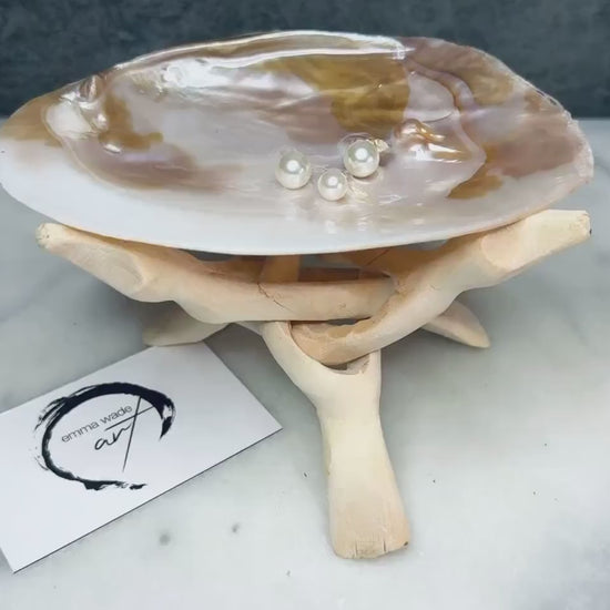 Freshwater Natural Oyster Shell Dish with Swarovski Pearls, Coastal Jewellery Dish with Optional Driftwood Stand,  Coastal Decor