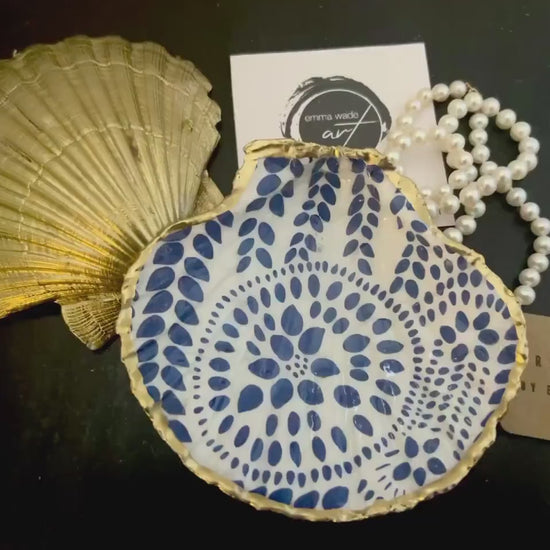 Scandinavian  Marimekko Blue Floral Scallop Shell Trinket Dish: Gold Leaf Coastal Decor, Shell Ring Dish, Coastal Decor,