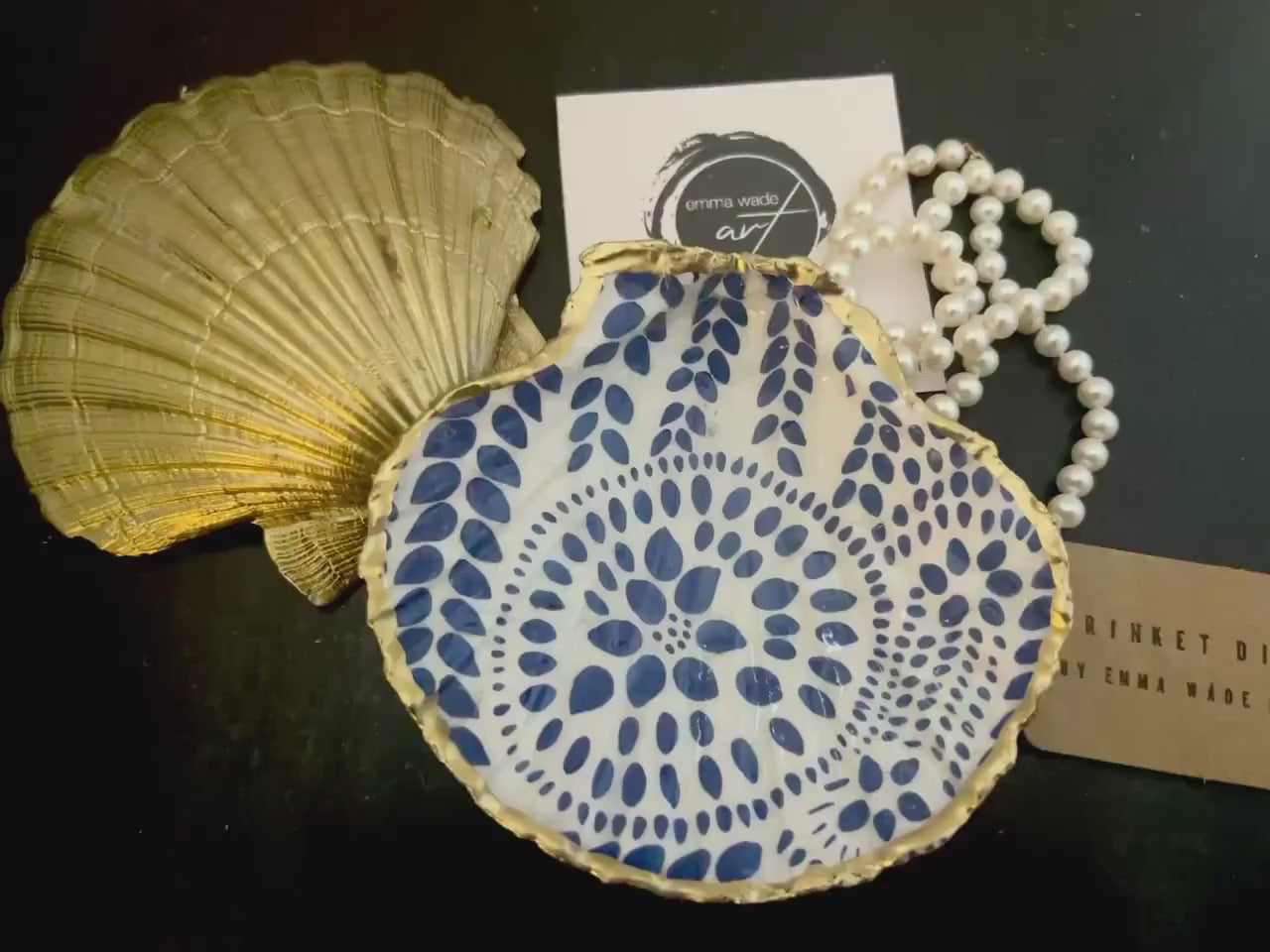 Scandinavian  Marimekko Blue Floral Scallop Shell Trinket Dish: Gold Leaf Coastal Decor, Shell Ring Dish, Coastal Decor,
