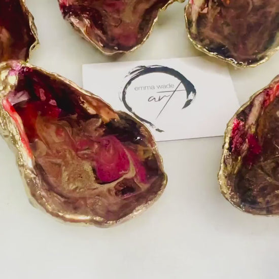 Red and Gilded Gold Natural Oyster Shell Trinket Dish: Hand-painted Oyster Ring Dish, Coastal ornament