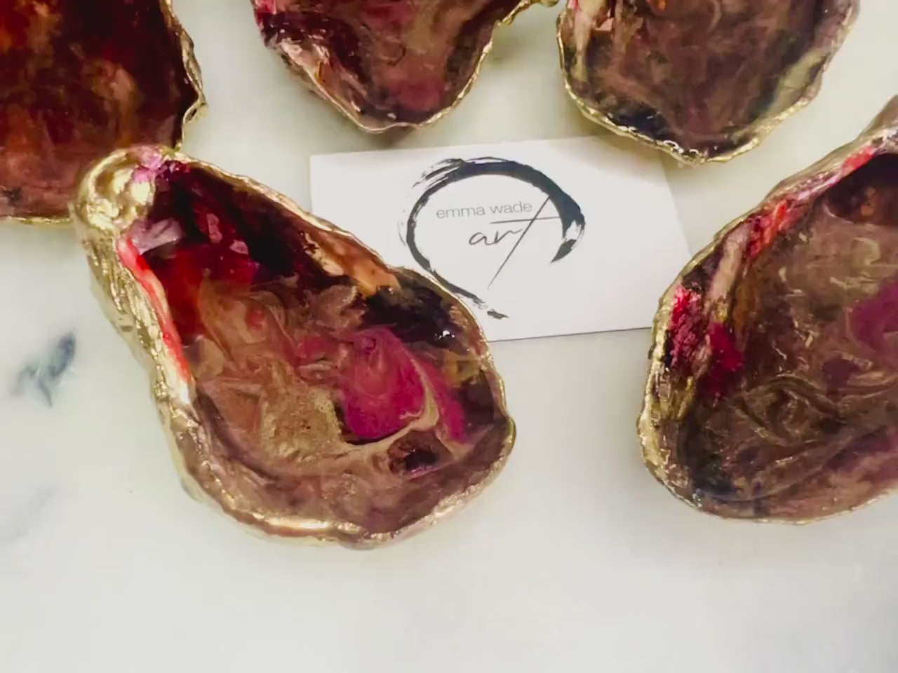 Red and Gilded Gold Natural Oyster Shell Trinket Dish: Hand-painted Oyster Ring Dish, Coastal ornament