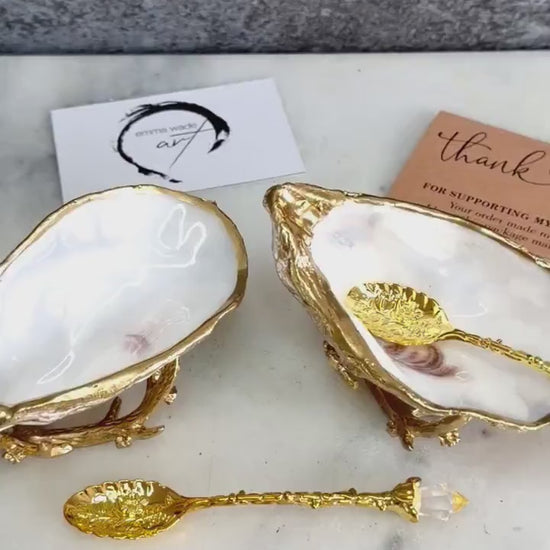 Pair of Oyster Shell Salt & Pepper Set with Gold Leaf Stands | Gold Leaf Cruet Dishes | Coastal Wedding Gift | Optional Gold Crystal Spoons