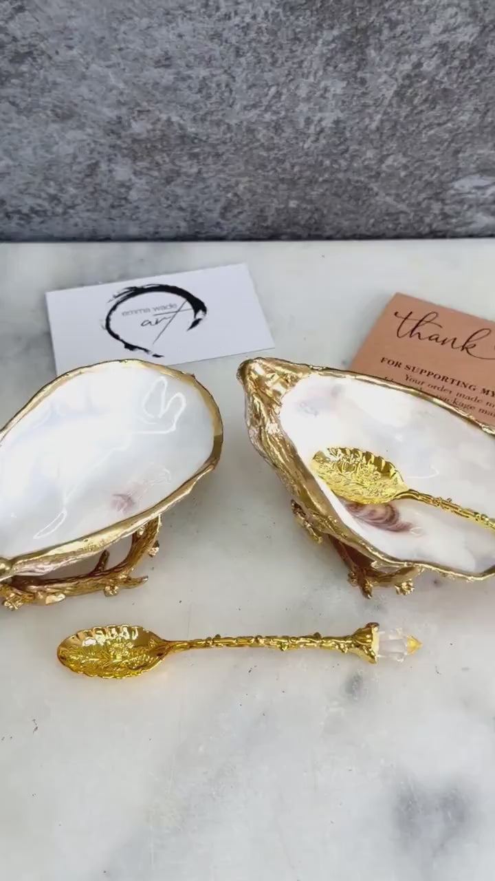 Pair of Oyster Shell Salt & Pepper Set with Gold Leaf Stands | Gold Leaf Cruet Dishes | Coastal Wedding Gift | Optional Gold Crystal Spoons
