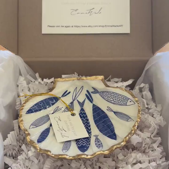 Blue Fish Scallop Shell Trinket Dish | Gold Leaf Ocean Decor | Coastal Jewellery Dish | Handmade Dorset Shell Art