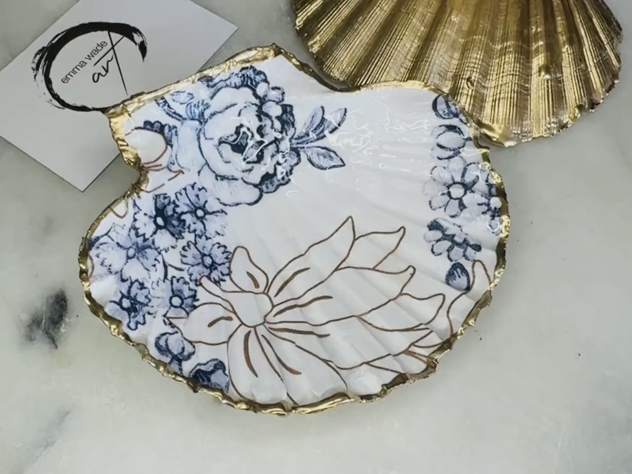 Palmers Floral Scallop Shell Trinket Dish | Gold Leaf Ring Catcher | Blue and White Coastal Jewellery Tray