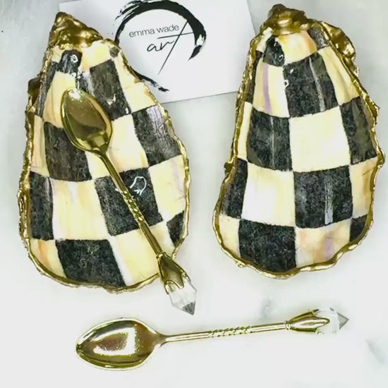Pair of Black Pearl Chequered Oyster Shell Salt & Pepper Pinch Pots | Gold Gilded Cruet Set | Luxury Coastal Table Decor