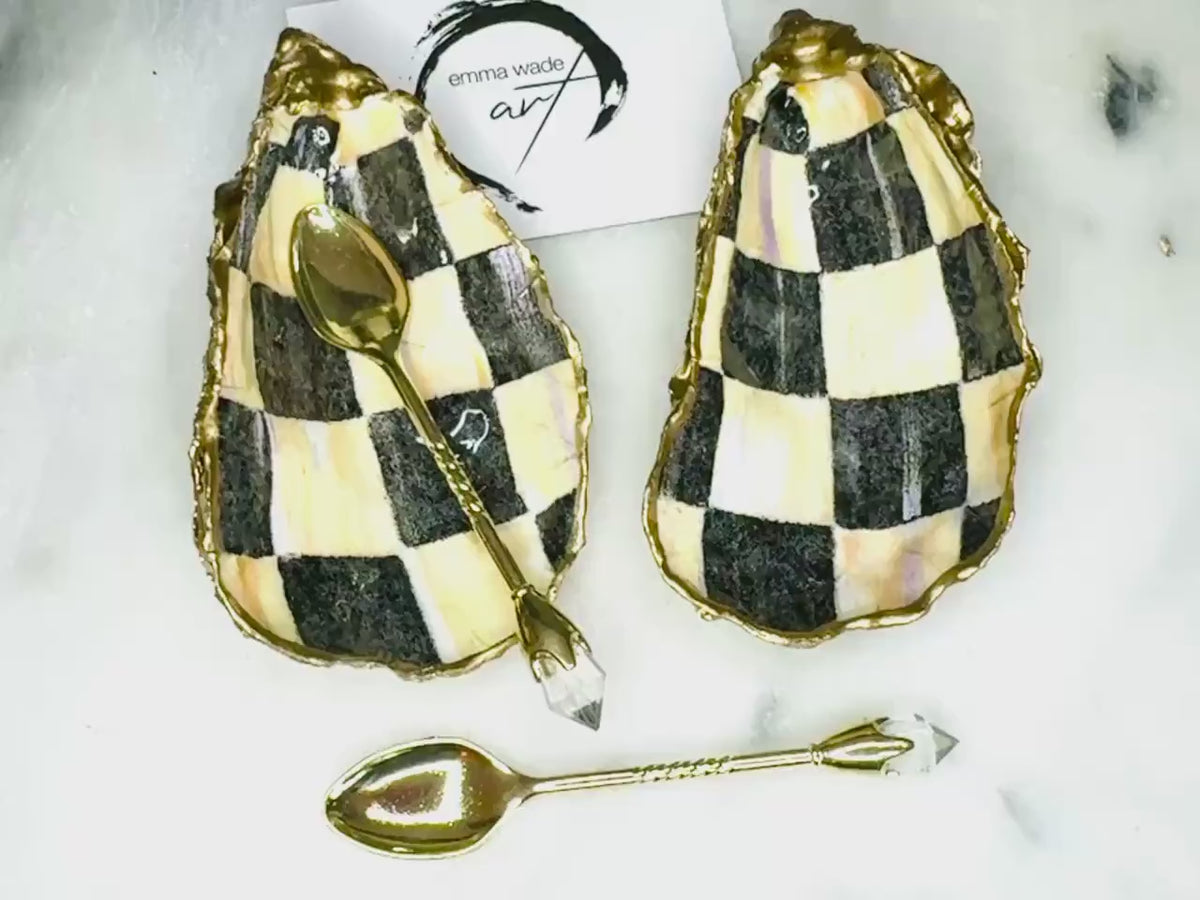 Pair of Black Pearl Chequered Oyster Shell Salt & Pepper Pinch Pots | Gold Gilded Cruet Set | Luxury Coastal Table Decor