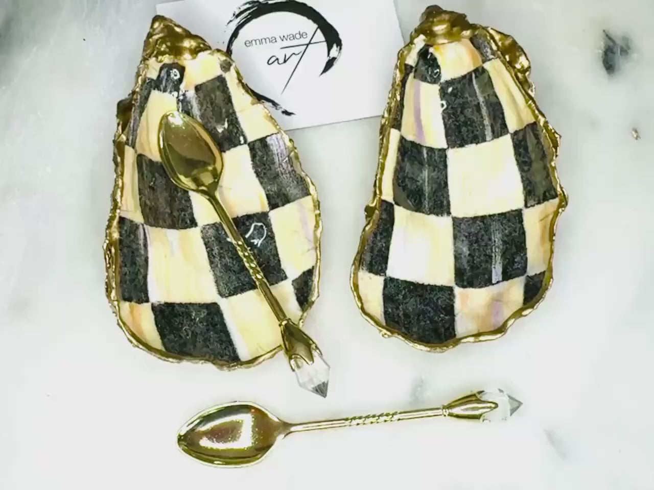 Pair of Black Pearl Chequered Oyster Shell Salt & Pepper Pinch Pots | Gold Gilded Cruet Set | Luxury Coastal Table Decor