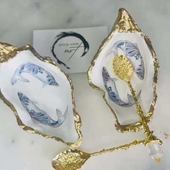 Pair of Paisley Fish Oyster Shell Salt & Pepper Pinch Pots | Coastal Cruet Set | Gold Leaf Oyster Shell Dishes | Add on 2 spoons