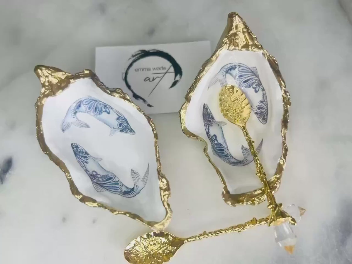 Pair of Paisley Fish Oyster Shell Salt & Pepper Pinch Pots | Coastal Cruet Set | Gold Leaf Oyster Shell Dishes | Add on 2 spoons