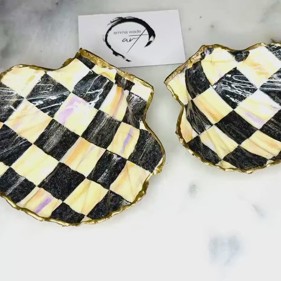 Natural Scallop Shell Dish | Black & Gold Chequers Jewelry Holder, Hand Gilded Dorset Trinket Dish, Host Gift