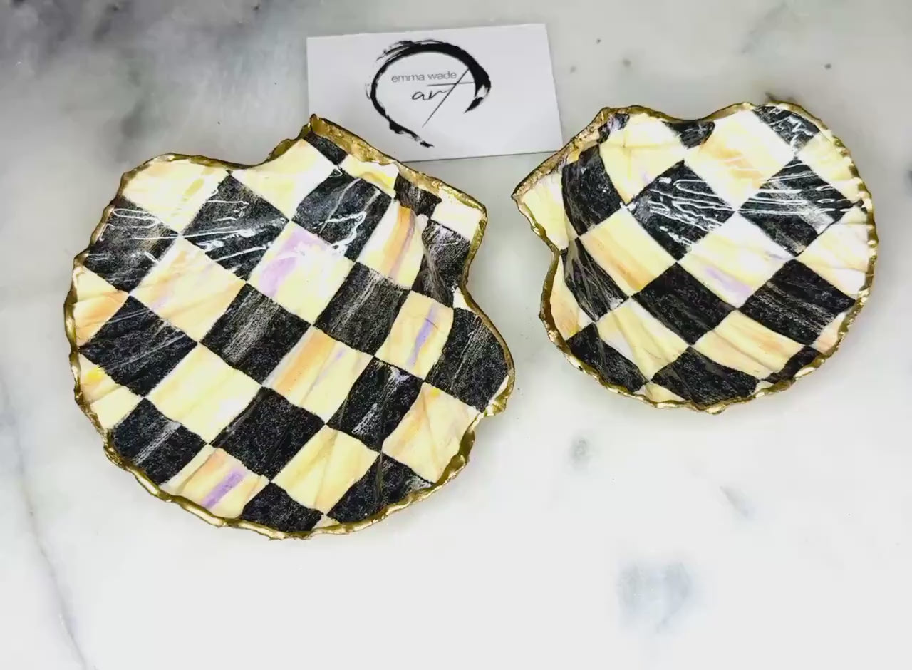 Natural Scallop Shell Dish | Black & Gold Chequers Jewelry Holder, Hand Gilded Dorset Trinket Dish, Host Gift