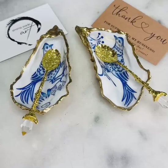 Pair of Blue Porcelain Bird Oyster Shell Salt & Pepper Pinch Pots | Gold Leaf Cruet Set | Luxury Table Decor | Coastal Wedding Gift