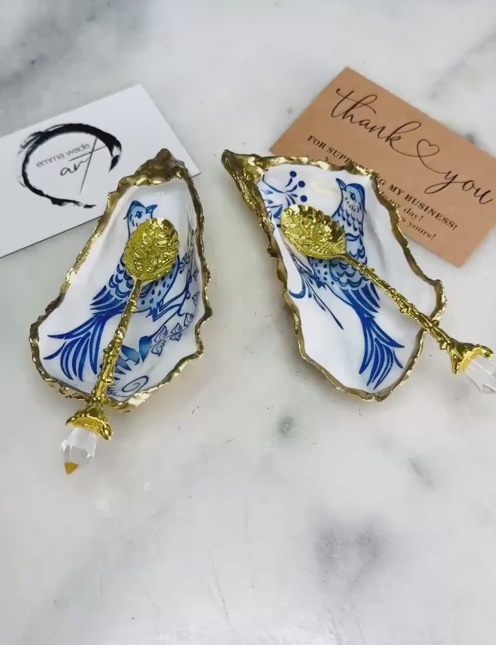 Pair of Blue Porcelain Bird Oyster Shell Salt & Pepper Pinch Pots | Gold Leaf Cruet Set | Luxury Table Decor | Coastal Wedding Gift