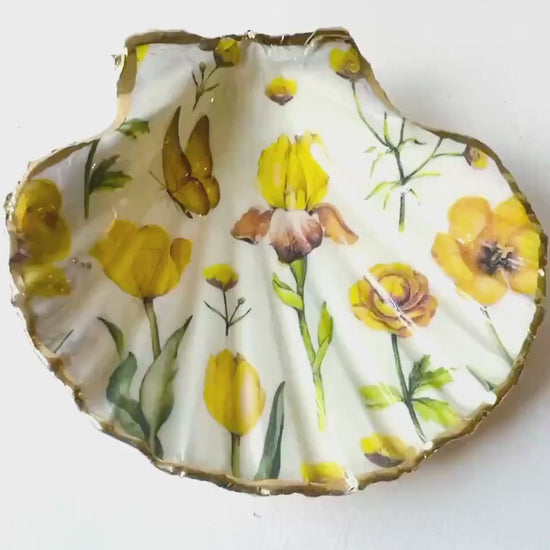 Scallop Shell Trinket Dish with Yellow Flowers & Gold Leaf | Hand Gilded Dorset Shell | Jewellery Dish | Coastal Home Decor