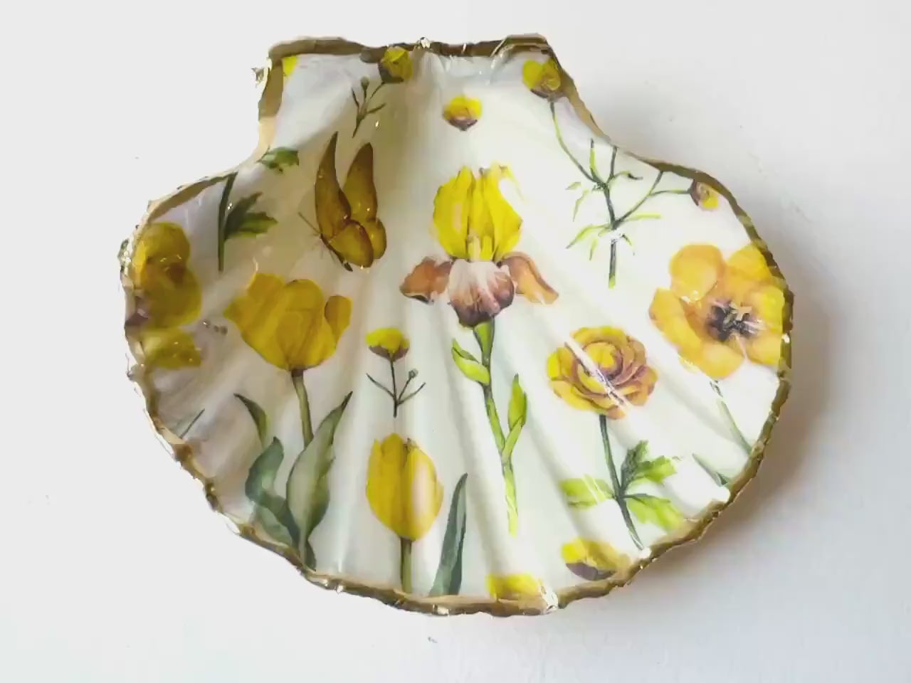 Scallop Shell Trinket Dish with Yellow Flowers & Gold Leaf | Hand Gilded Dorset Shell | Jewellery Dish | Coastal Home Decor