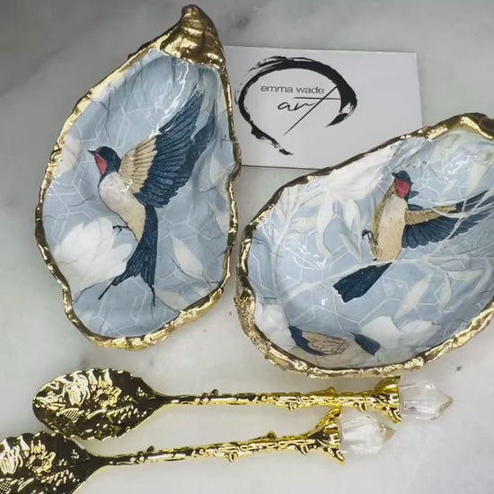 Pair of Blue Bird Oyster Shell Salt and Pepper Dishes | Hand Gilded Gold Leaf | Coastal Shell Pinch Pots | Hostess Gift | Wedding Gift