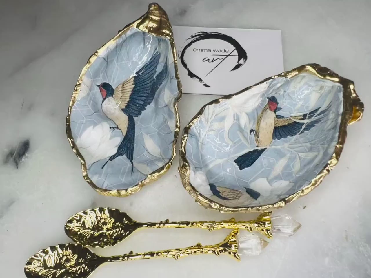 Pair of Blue Bird Oyster Shell Salt and Pepper Dishes | Hand Gilded Gold Leaf | Coastal Shell Pinch Pots | Hostess Gift | Wedding Gift