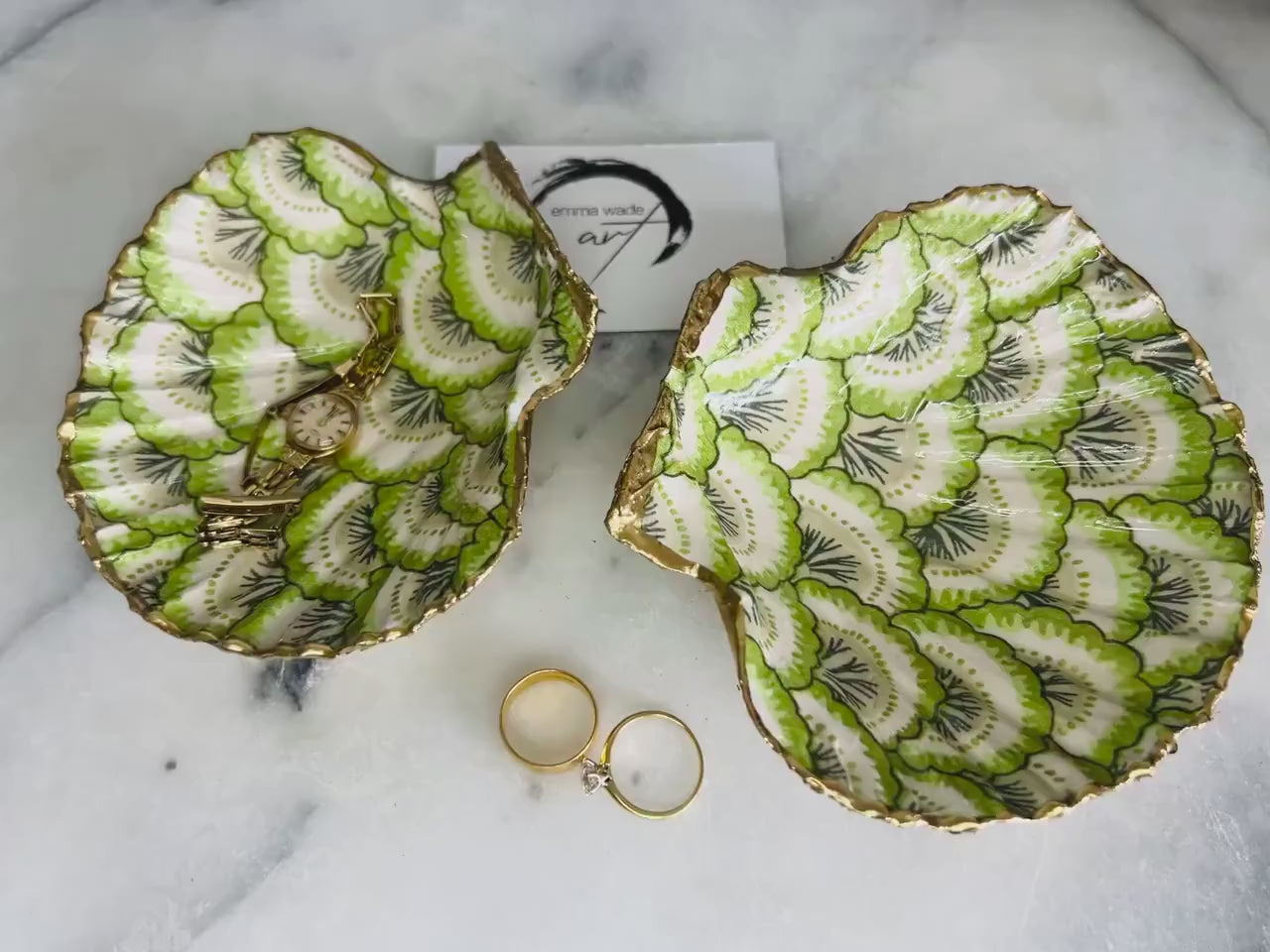 Pontchartrain Green Dorset Shell Scallop Trinket Dish, Jewellery Ring Dish, Hand Painted with Liquid Gold Leaf and sealed with epoxy resin.
